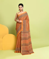 Mustard Geometric Pure Ajrakh Handblock Printed Sico Chanderi Saree